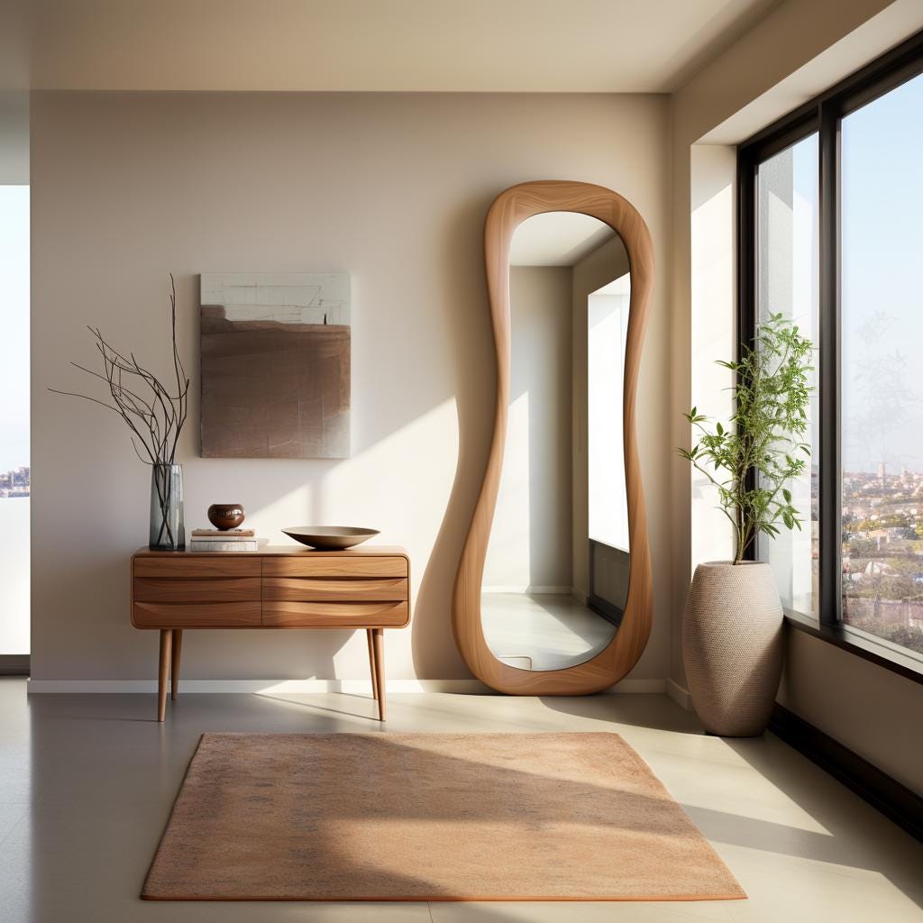 May include: A modern, wooden console table with three drawers and a wavy, wooden framed mirror in a contemporary living room setting.
