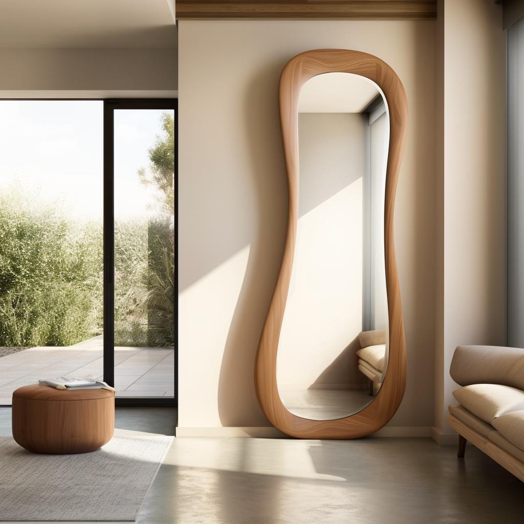 May include: A large, free-form wooden mirror with a wavy, organic shape. The mirror is standing against a light beige wall in a modern interior.