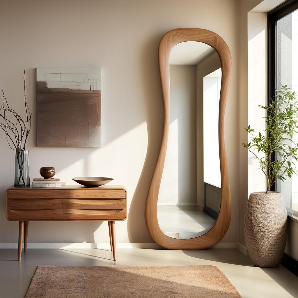 May include: A large, free-form wooden mirror with a light wood finish. The mirror is standing in a room with a wooden dresser and a potted plant.