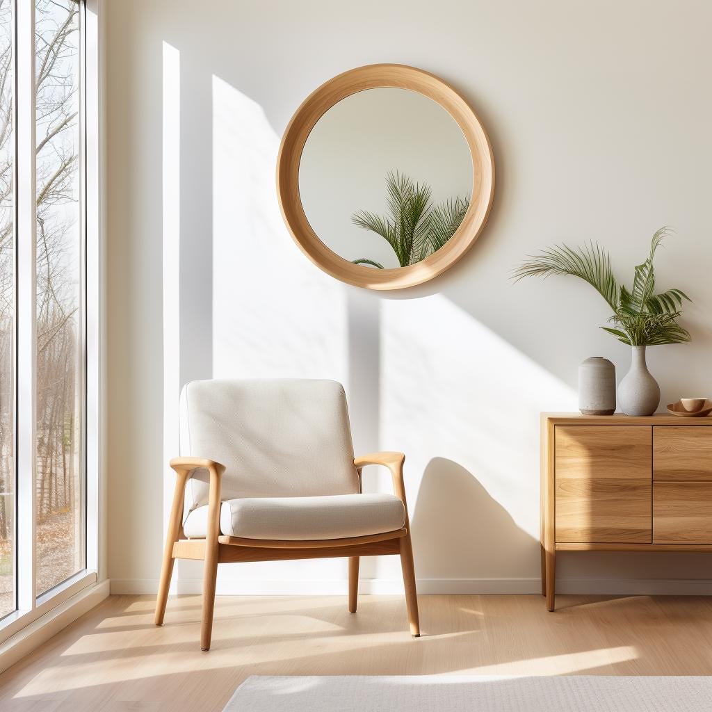 May include: A white armchair with wooden legs and arms sits in a room with a large round mirror with a wooden frame and a wooden dresser with two drawers. The room is decorated in a minimalist style with natural light.