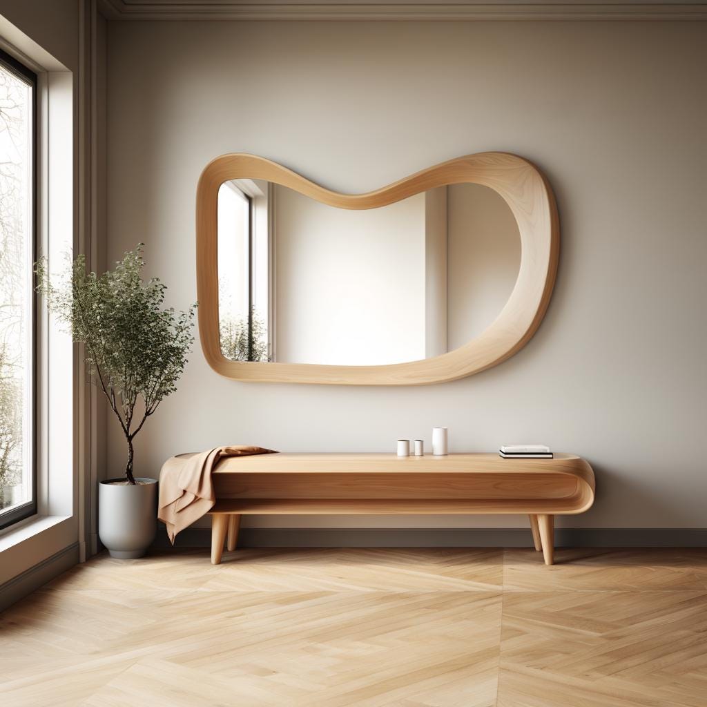 May include: A wooden bench with a curved design and a shelf underneath. The bench is in front of a large, wavy, wooden framed mirror.