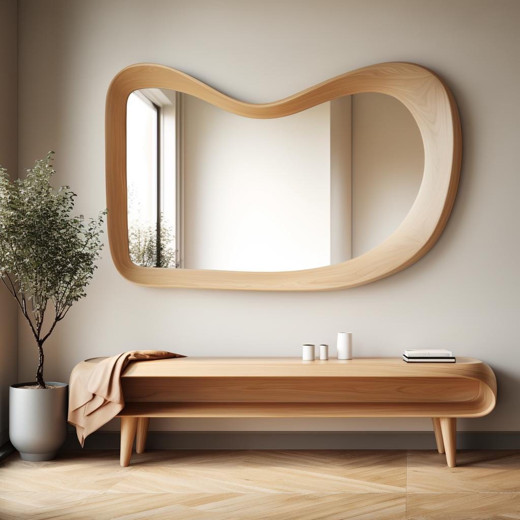 May include: A wooden bench with a curved design and a shelf underneath. The bench is made of light wood and has a natural finish. A throw blanket is draped over the bench. A large, wavy, wooden framed mirror hangs on the wall behind the bench.