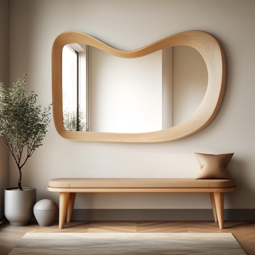 May include: A wooden bench with a cushioned seat and a large, organic-shaped mirror above it. The mirror has a light wood frame and reflects a window with a view of trees.