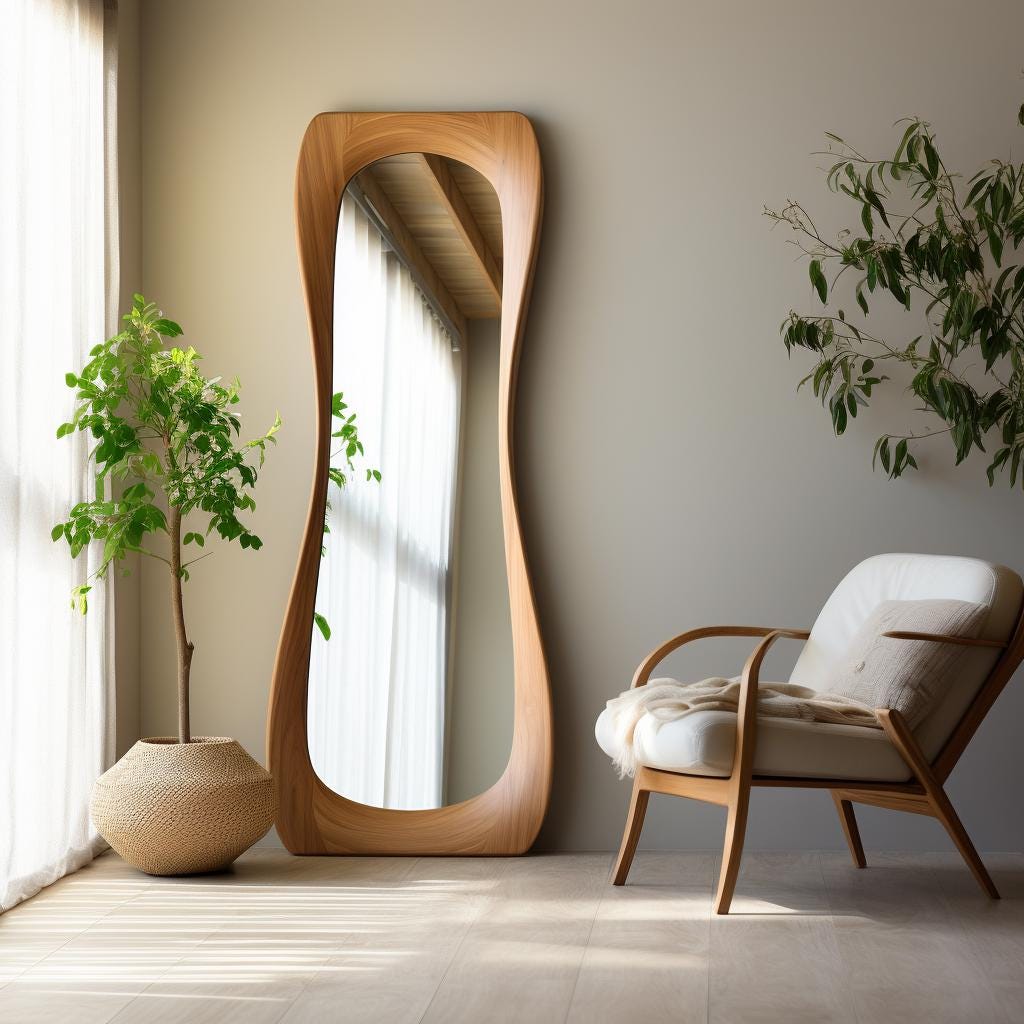 May include: A wooden framed full-length mirror with a curved design, standing in a room with a white armchair and a potted plant.