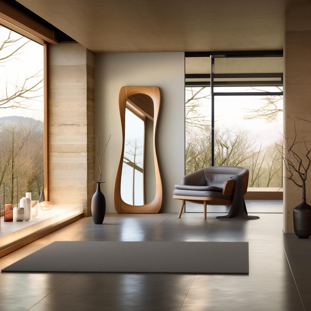 May include: A modern, wooden framed full-length mirror with a curved design, standing in a room with a large window and a gray armchair.