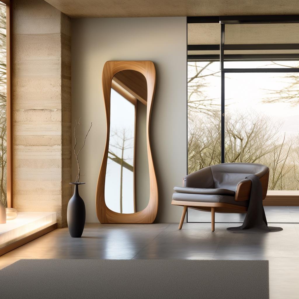 May include: A tall, wooden, free-standing mirror with a curved, organic shape. The mirror is reflecting a room with a window and a chair. The chair is upholstered in gray fabric and has wooden legs.