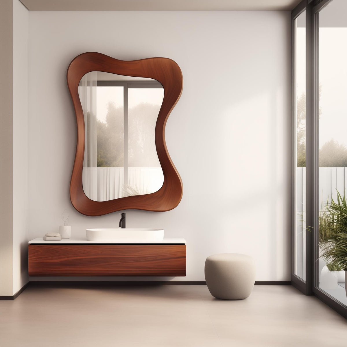 May include: A modern bathroom with a large, organically shaped wooden mirror. The mirror hangs above a floating vanity with a white countertop and a dark wood cabinet. A small, rounded stool sits nearby. The room has large windows.