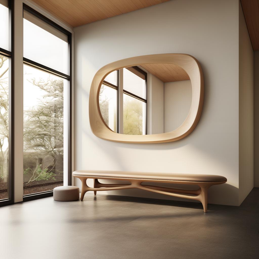 May include: A modern interior scene featuring a large, oval-shaped wooden mirror mounted on a white wall. Below the mirror is a wooden bench with a curved design. A small, round ottoman sits nearby. Large windows provide natural light.
