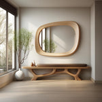 May include: A modern entryway scene featuring a light wood bench with a brown cushion, a large oval mirror with a light wood frame, and a white vase with a leafy branch. The room has a large window.