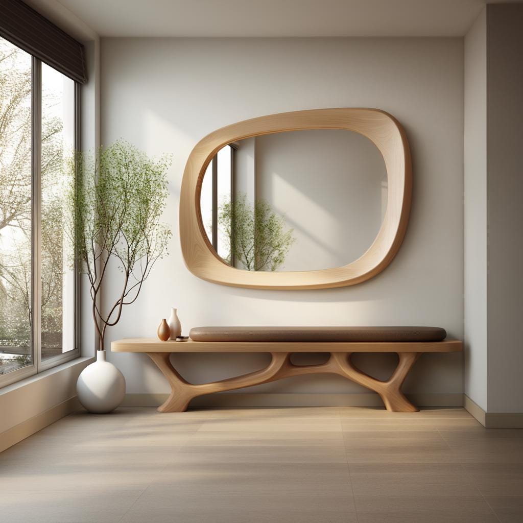 May include: A modern entryway scene featuring a light wood bench with a brown cushion, a large oval mirror with a light wood frame, and a white vase with a leafy branch. The room has a large window.