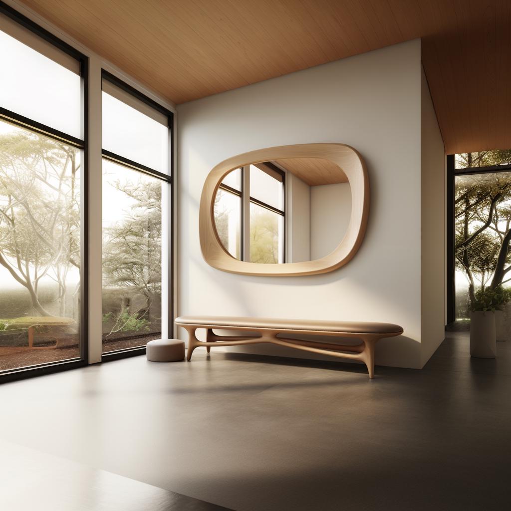 May include: A modern interior featuring a large, oval-shaped wooden mirror mounted on a white wall. Below the mirror is a wooden bench with a curved design. The room has large windows and a neutral color palette, creating a minimalist aesthetic.