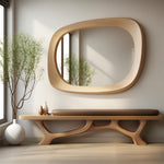 May include: A modern entryway scene featuring a large, oval-shaped wooden mirror mounted on a white wall. Below, a wooden bench with a brown cushion and a unique, organic base design. A white vase with greenery and small decorative vases complete the decor.