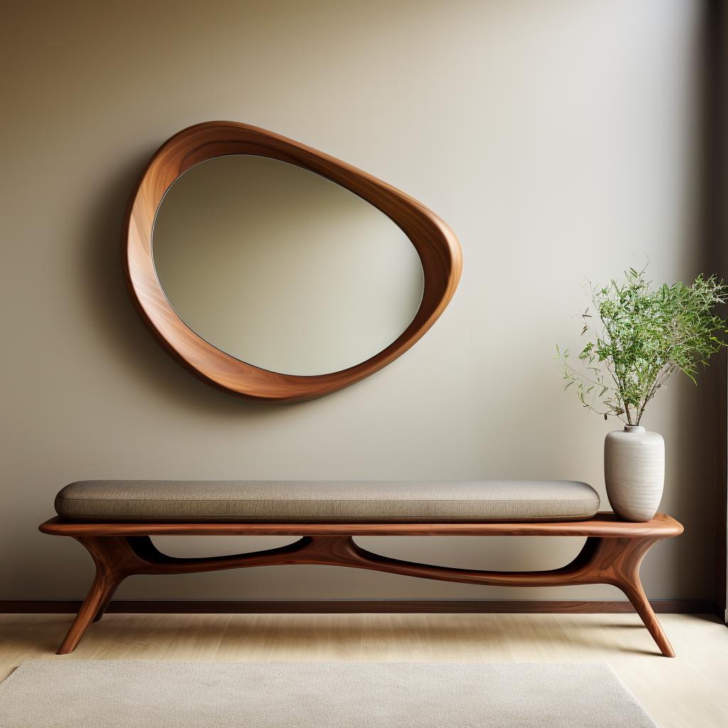 May include: A mid-century modern-style interior scene featuring a large, organically shaped wooden mirror hanging above a bench. The bench has a brown wooden frame and a gray cushion. A vase with greenery sits on the bench.