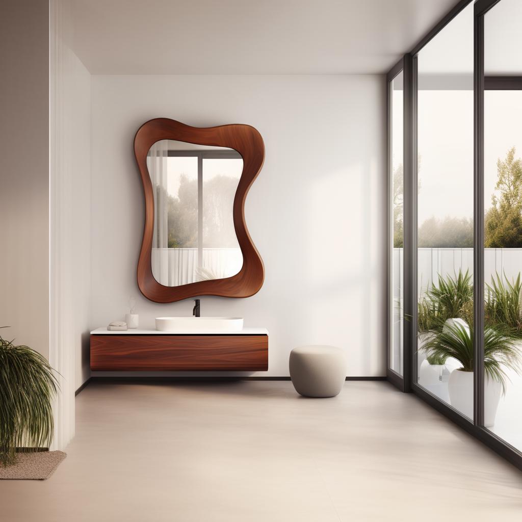 May include: A modern bathroom featuring a large, uniquely shaped wooden mirror above a floating vanity with a white countertop. The room has large windows, a neutral color palette, and a small, rounded stool.
