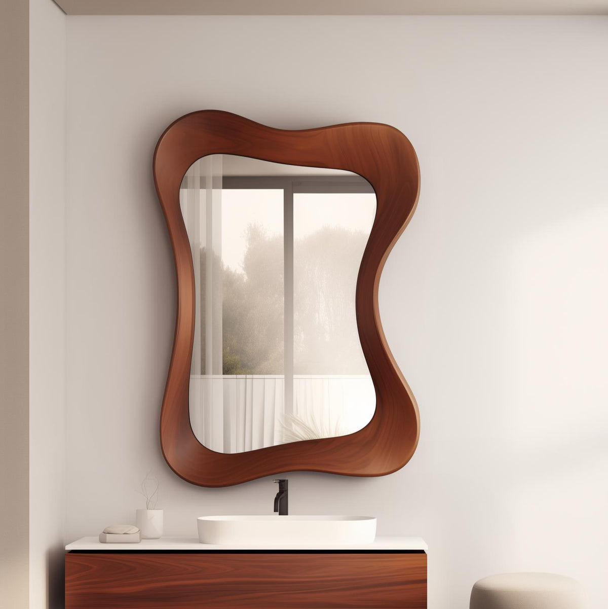 May include: A wavy-edged, brown wooden mirror hangs above a bathroom vanity. The mirror's frame has a unique, organic shape. The vanity features a white countertop, a white oval sink, and a dark brown wooden cabinet.