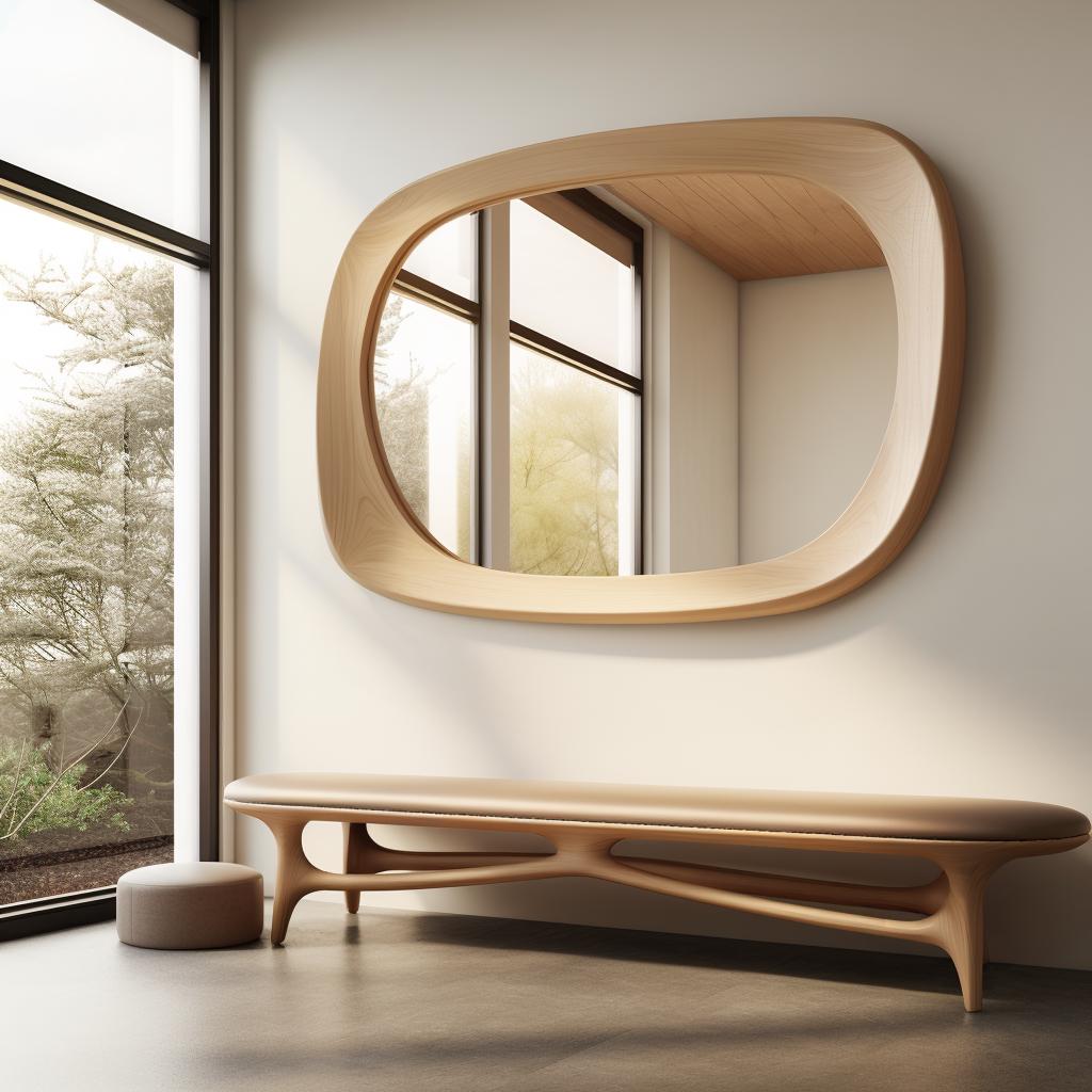 May include: A modern interior scene featuring a large, oval-shaped wooden mirror mounted on a light-colored wall. Below the mirror is a matching wooden bench with a curved design. A small, round ottoman sits to the left of the bench. The room has large windows.