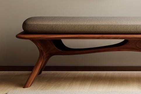 May include: A modern bench with a brown wooden frame and a gray upholstered seat. The bench has a curved design with a smooth, polished finish. The legs are angled and provide a sturdy base. The overall design is minimalist and elegant.