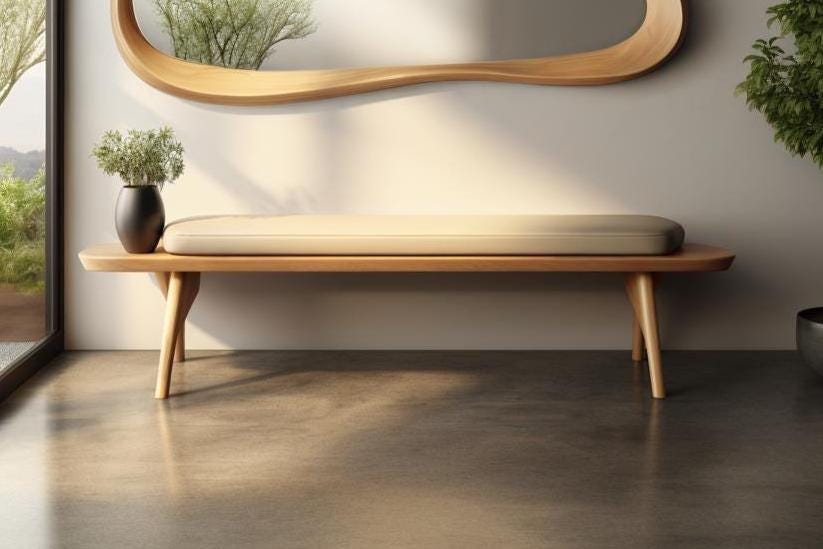 May include: A wooden bench with a light-colored cushion, set against a neutral wall. The bench has angled legs and a natural wood finish. A decorative mirror and a black vase with greenery are also visible.