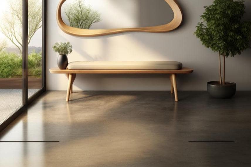 May include: A minimalist interior scene featuring a wooden bench with a light-colored cushion, a curved wooden mirror, and a potted plant. The room has a polished concrete floor and a large window with a view of greenery.