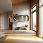 May include: A modern interior featuring a wooden console table, a large, uniquely shaped wooden mirror, and a vase with dried branches. The room has a minimalist design with light-colored wood flooring and a large window with natural light.