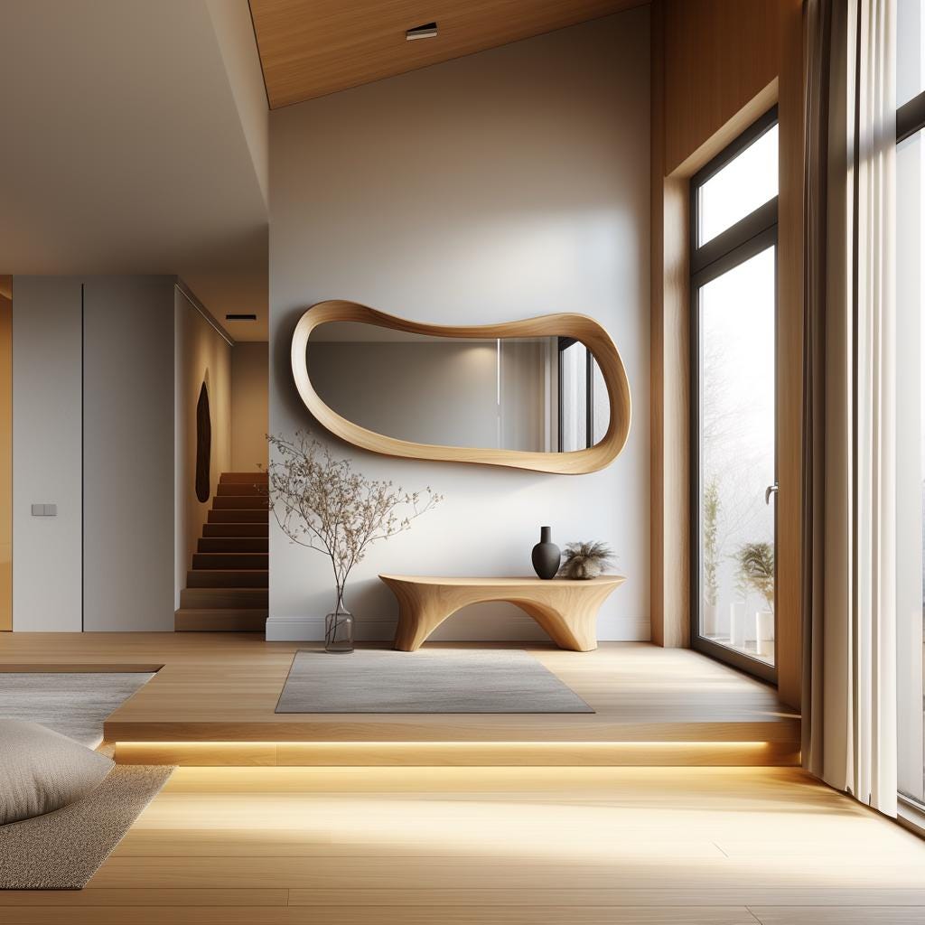 May include: A modern interior featuring a wooden console table, a large, uniquely shaped wooden mirror, and a vase with dried branches. The room has a minimalist design with light-colored wood flooring and a large window with natural light.