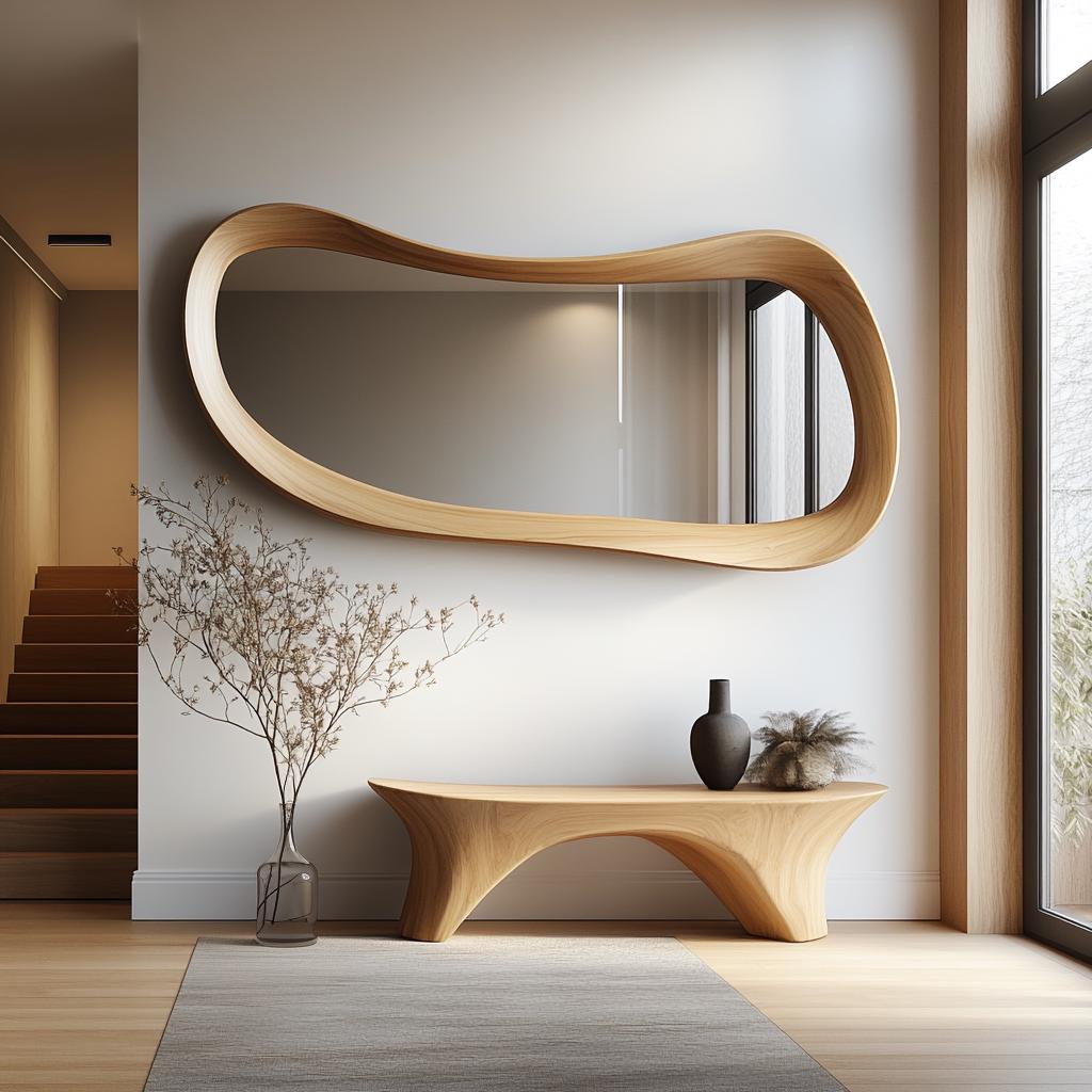 May include: A large, organically shaped wooden mirror hangs above a matching wooden bench. A vase with dried branches and a dark vase with a plant sit on the bench. The room has a neutral color palette with a rug.