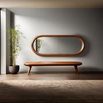 May include: A modern interior scene featuring a brown bench with angled legs and a large, oval-shaped mirror with a wooden frame. A potted plant is to the left. The room has a neutral color palette with natural light.