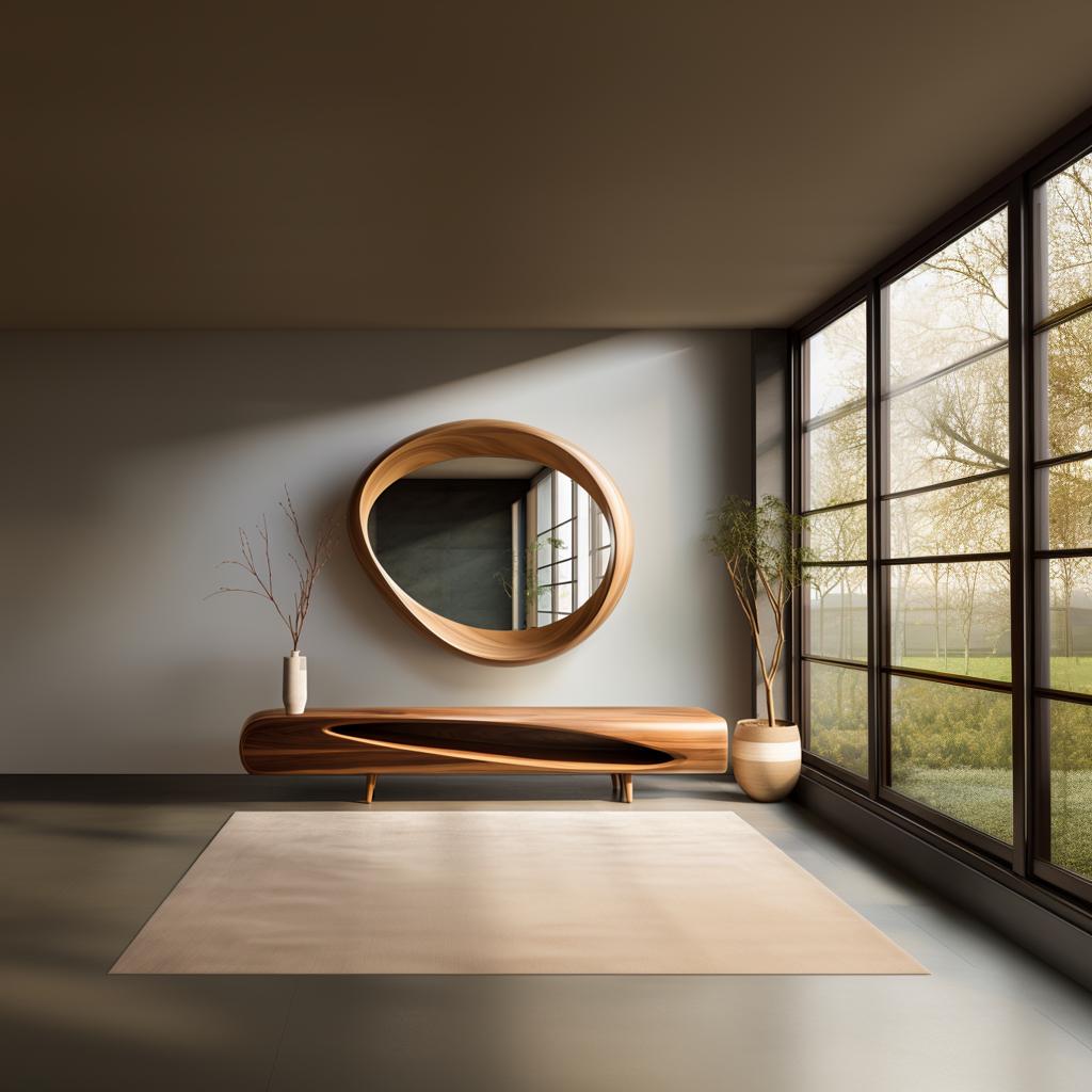 May include: A modern living room featuring a large, oval-shaped wooden mirror and a matching console table. The room has a neutral color palette with a beige rug and a large window overlooking a green landscape. A vase with branches and a potted plant add natural elements.