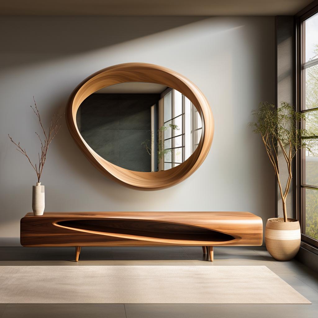 May include: A modern wooden mirror with an oval, flowing design hangs above a matching wooden console table. The mirror's frame and the table are a warm, natural wood tone. A vase with branches and a potted plant are also in the image.