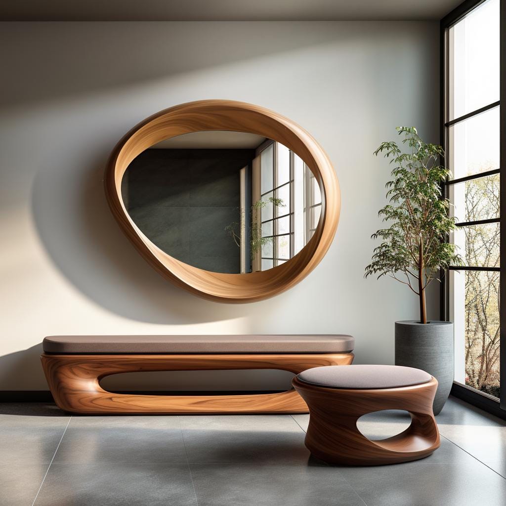 May include: A modern interior scene featuring a large, oval-shaped wooden mirror. Below the mirror is a wooden bench with a gray cushion, and a matching stool. A potted plant sits near a large window, and the floor is gray tile.