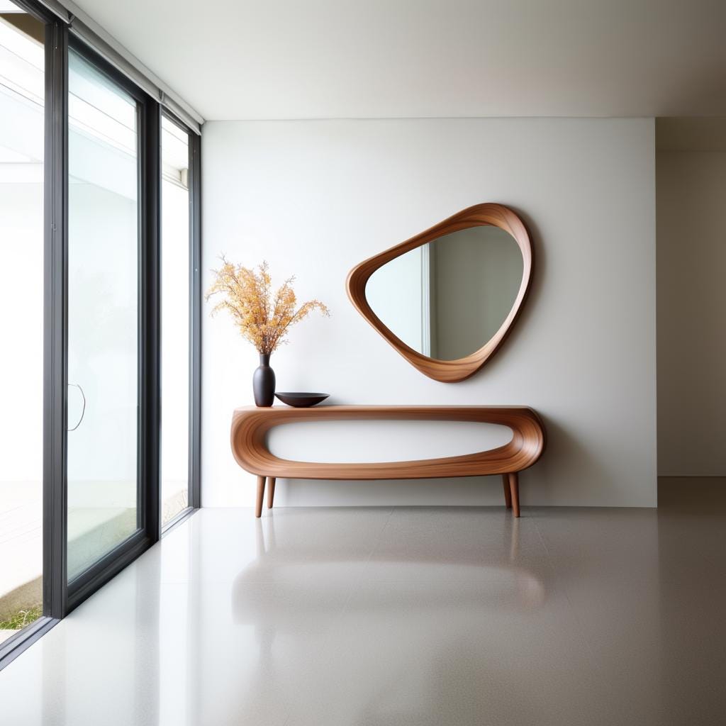 May include: A modern interior featuring a wooden console table with a matching organic-shaped mirror. A dark vase with dried flowers and a small bowl sit on the table. The room has large windows and a minimalist design with a neutral color palette.