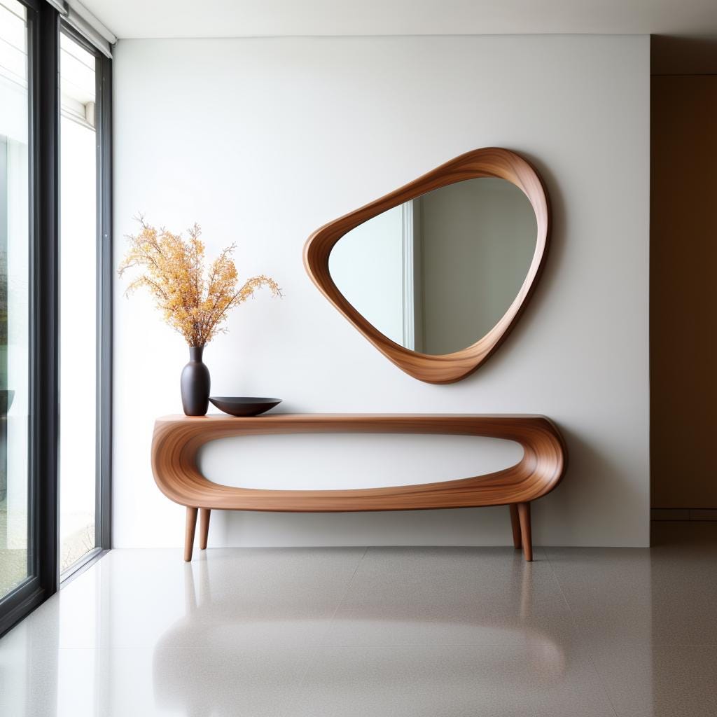 May include: A modern wooden console table with a unique curved design, featuring a matching organic-shaped mirror. The table has a dark vase with dried flowers and a small black bowl. The mirror is approximately 30 inches wide.
