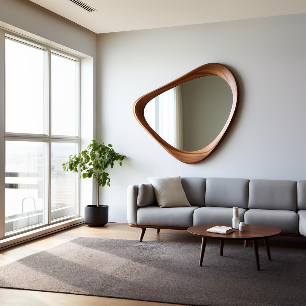 May include: A modern living room featuring a large, irregularly shaped wooden mirror mounted on a white wall. A gray sofa with a light-colored pillow sits below the mirror. A round wooden coffee table and a potted plant complete the scene.