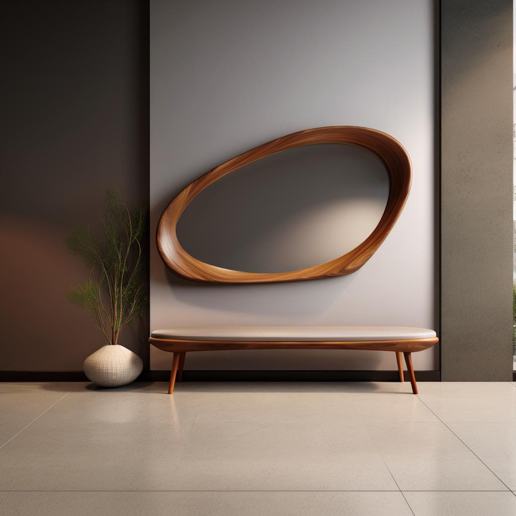May include: A modern interior scene featuring a wooden oval mirror and a bench with a light-colored cushion. The mirror has a unique, organic shape. The bench has wooden legs and a light-colored cushion. A decorative vase with a plant is on the left.