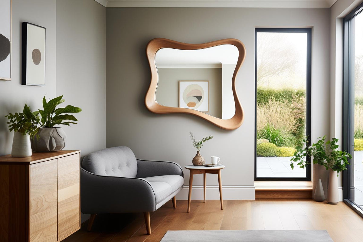 May include: A modern living room with a large, uniquely shaped wooden mirror. A gray sofa, small side table, and wooden cabinet complement the room's neutral color palette. Green plants in vases add a touch of nature. The room has a large window.