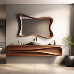 May include: A modern bathroom vanity set featuring a large, uniquely shaped wooden mirror. Below, a matching wooden cabinet with a white sink and black faucet. The design includes a minimalist aesthetic with a plant in a dark pot.