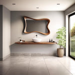 May include: A modern bathroom interior featuring a large, uniquely shaped wooden mirror. Below the mirror is a wooden shelf with a white sink, black faucet, and decorative items. A potted plant sits to the right, and the floor is tiled.