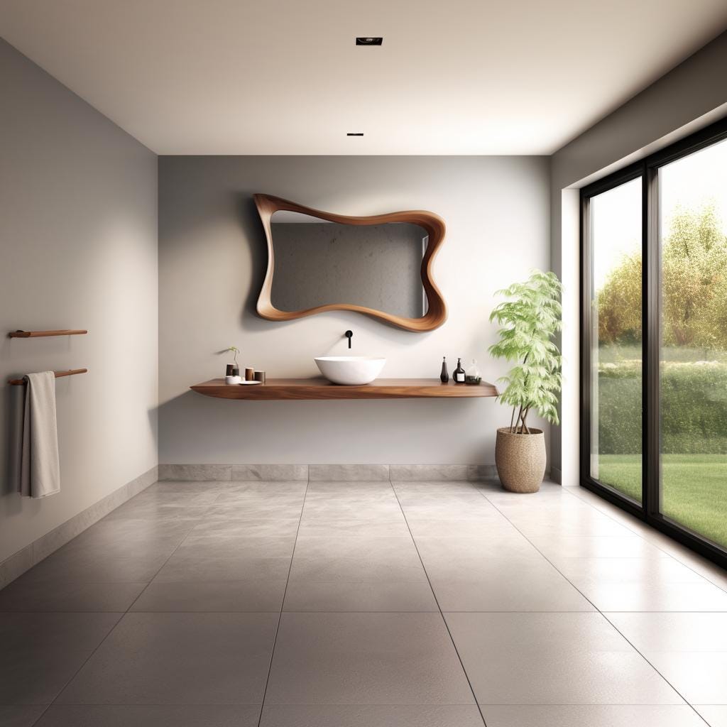 May include: A modern bathroom with a large, uniquely shaped wooden mirror. A wooden shelf holds a white sink, toiletries, and bottles. A potted plant sits beside a large window overlooking a green lawn. The floor is tiled.