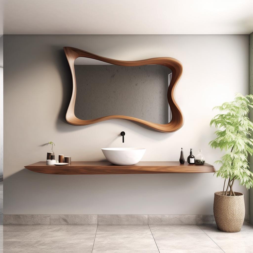 May include: A modern bathroom design featuring a large, wavy-edged wooden mirror. Below, a wooden shelf holds a white sink, small decorative items, and bottles. A green plant in a woven basket adds a natural touch to the space.