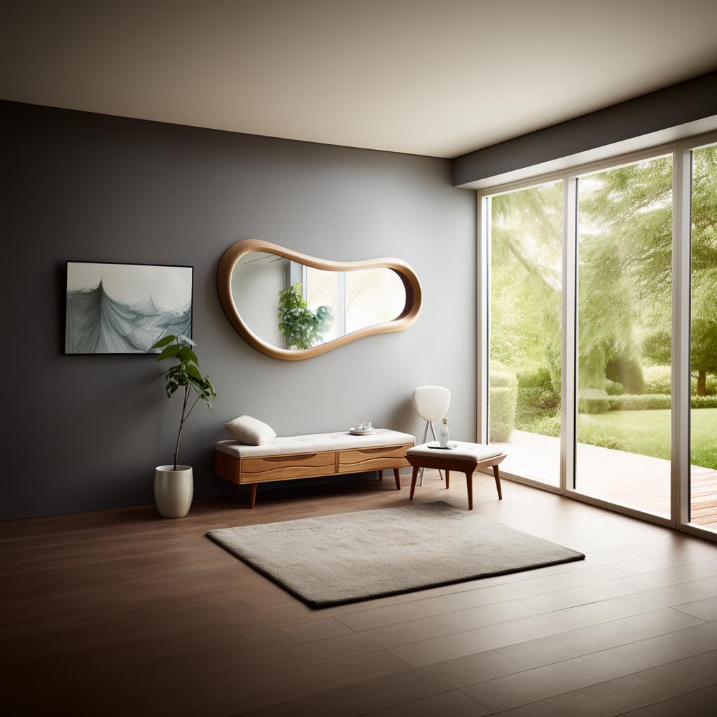 May include: A modern living room with a wooden floor, a large window, and a gray wall. The room features a unique, organic-shaped mirror with a wooden frame, a bench, a small table, and a rug. A framed artwork and a potted plant add to the decor.
