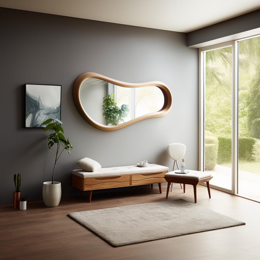 May include: A modern living room with a large, uniquely shaped wooden mirror as the focal point. The mirror hangs above a wooden bench with a white cushion. A small table and a rug complete the room's minimalist design. A painting and plants add a touch of nature.