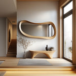 May include: A modern interior featuring a large, organically shaped wooden mirror mounted on a white wall. Below, a matching wooden bench holds a dark vase and decorative plant. A neutral rug and wooden flooring complete the space.
