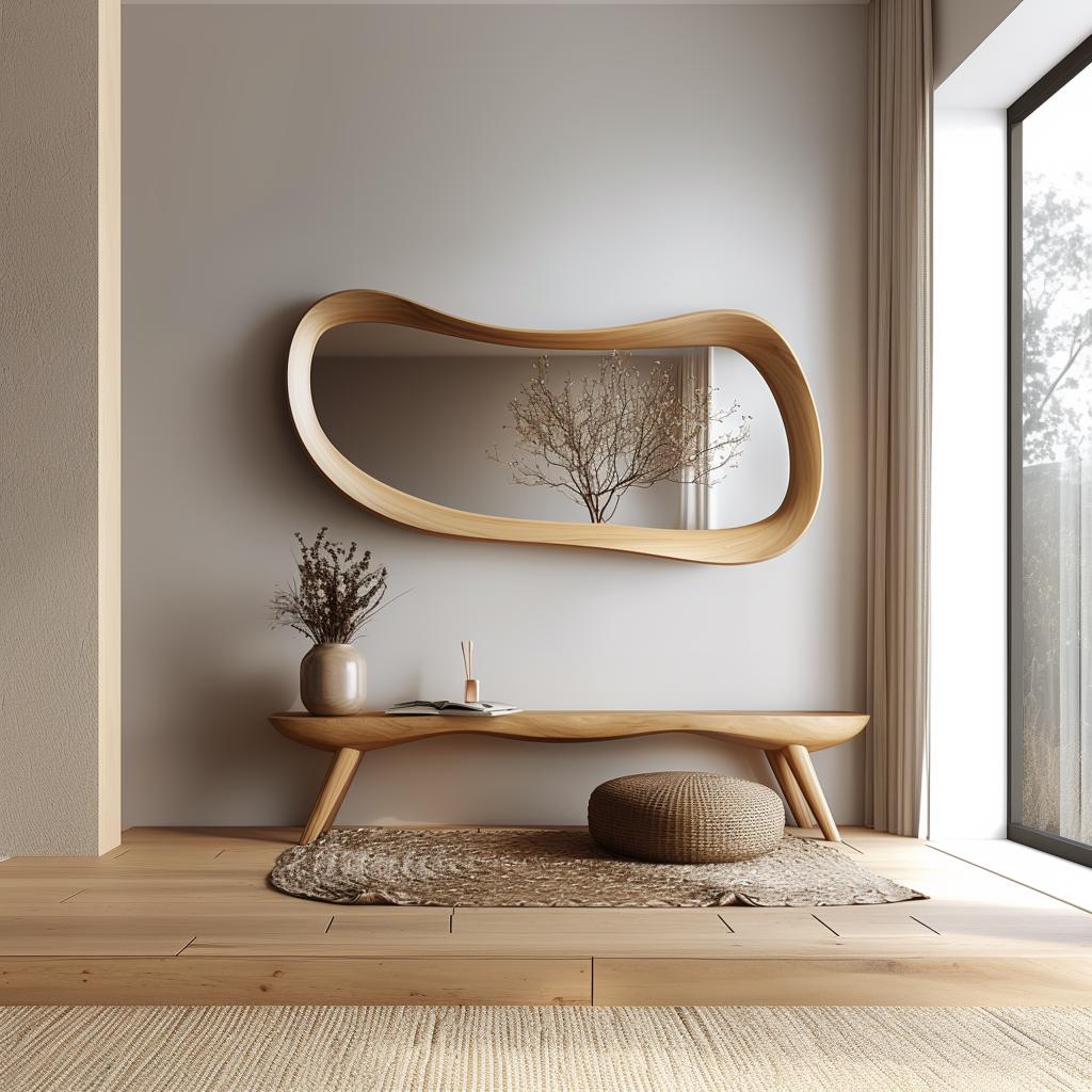 May include: A modern interior scene featuring a large, organically shaped wooden mirror hanging above a wooden bench. A small vase with dried flowers and a woven ottoman are also present. The room has a neutral color palette with natural light.