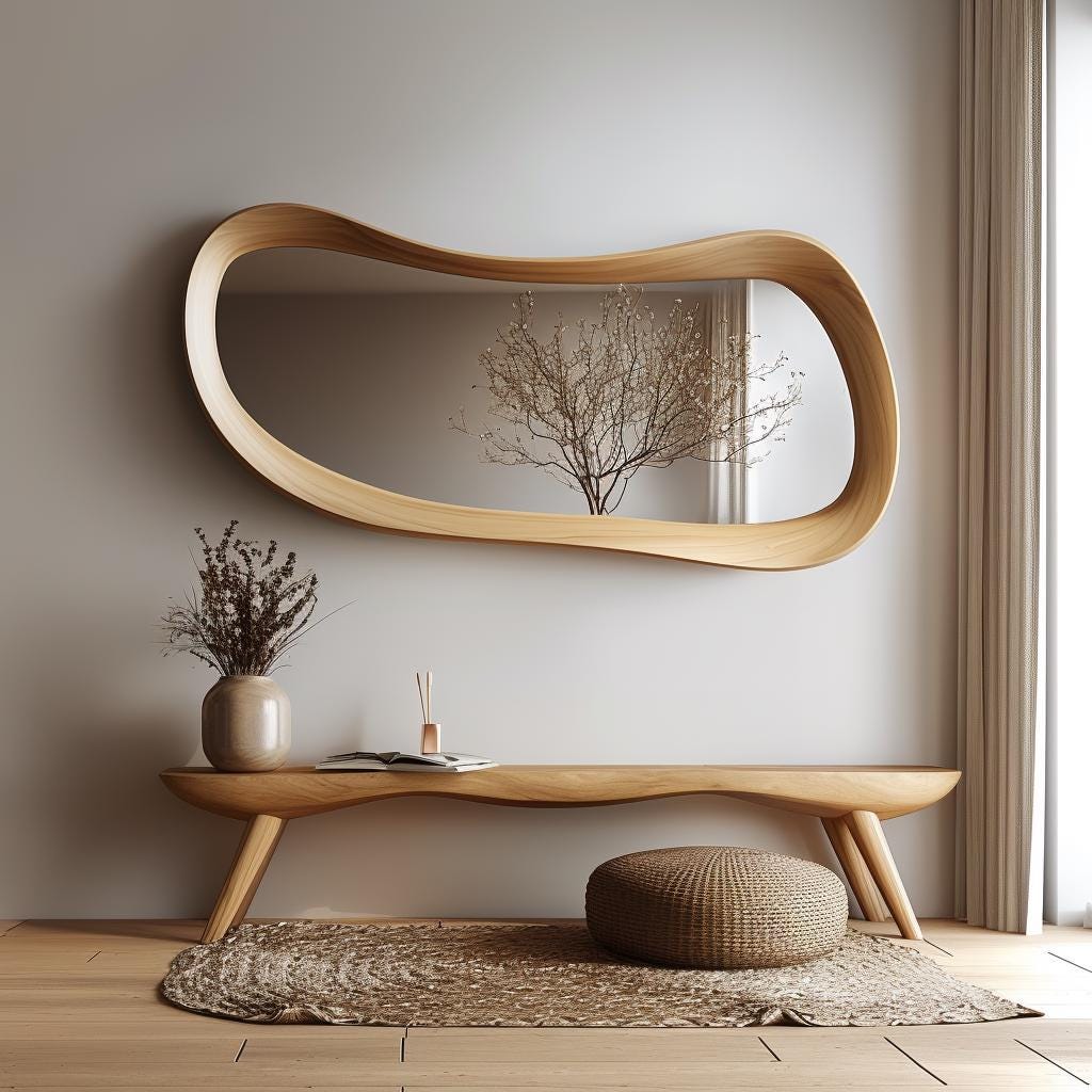 May include: A modern interior scene featuring a large, organically shaped wooden mirror above a matching wooden bench. The bench has a curved design and is supported by angled legs. A woven rug and a round ottoman complete the space.