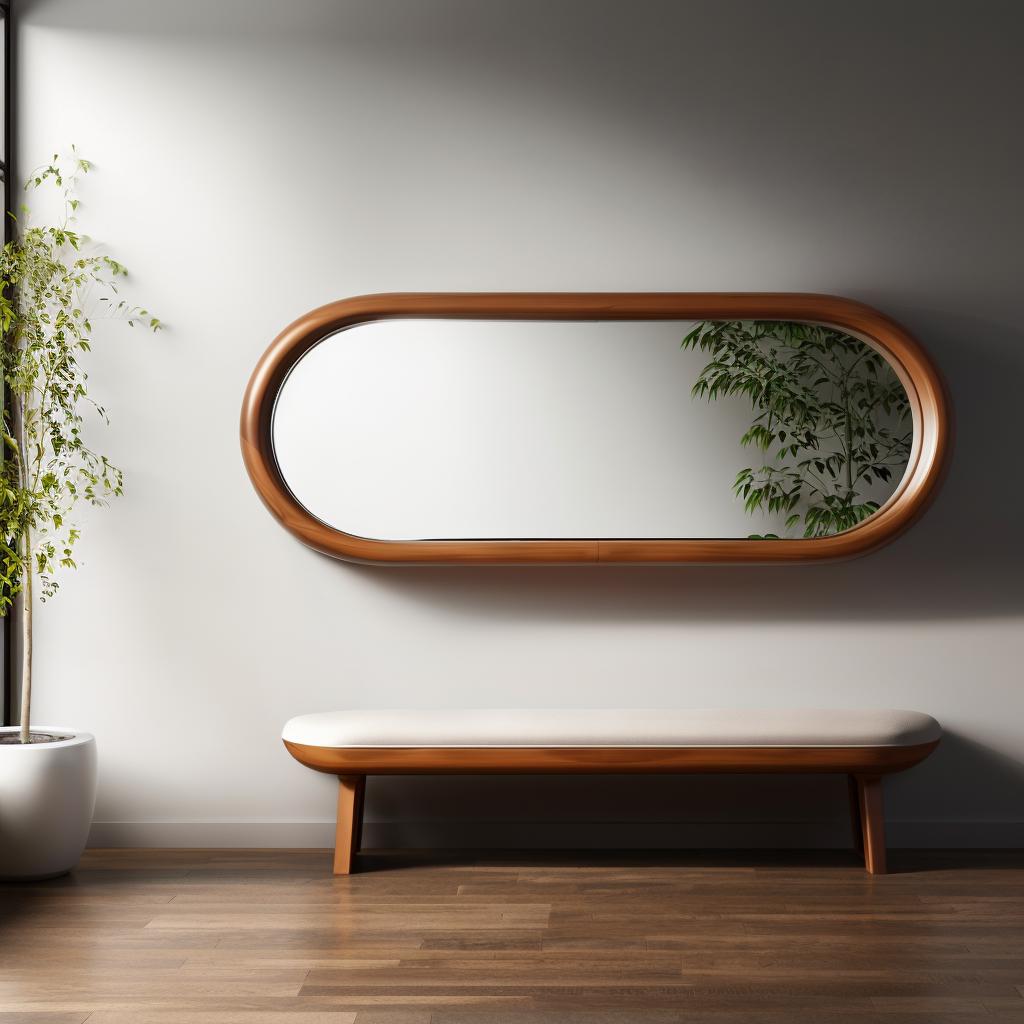 May include: A wooden-framed, oval mirror hangs above a bench with a cream-colored cushion. The mirror reflects greenery, and the bench has wooden legs. The room has hardwood flooring and a potted plant.