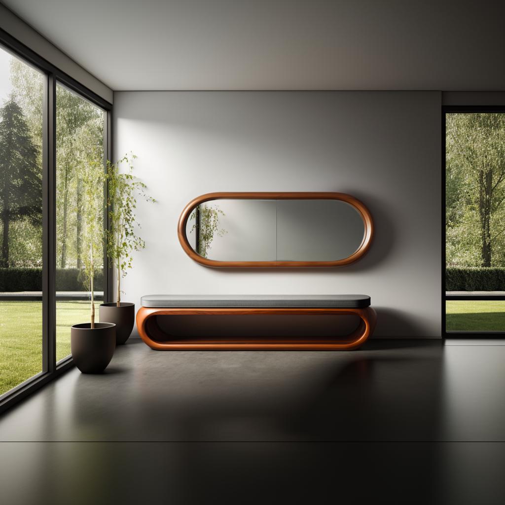 May include: A modern interior featuring a wooden bench with a gray top and a matching oval mirror. The bench and mirror have a warm brown finish. The room has large windows and potted plants, with a dark floor.