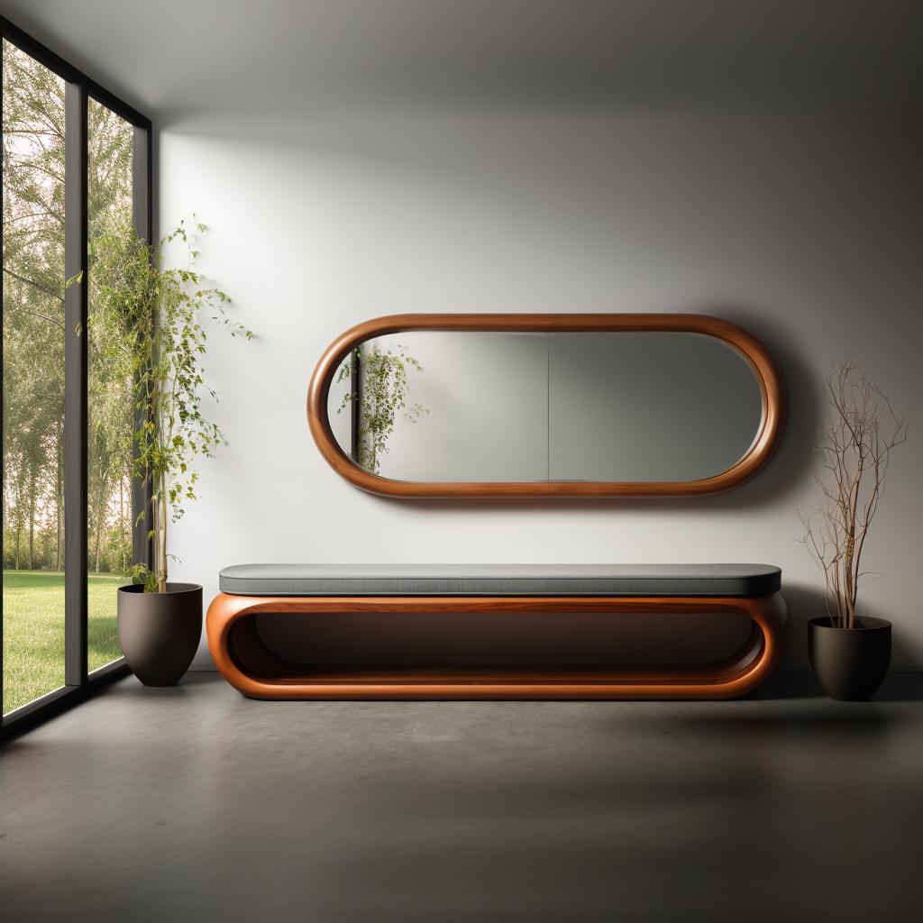 May include: A modern, oval-shaped wooden mirror hangs above a matching bench with a gray top. The bench has a curved, open base. The room features a large window and potted plants, creating a minimalist, contemporary aesthetic.