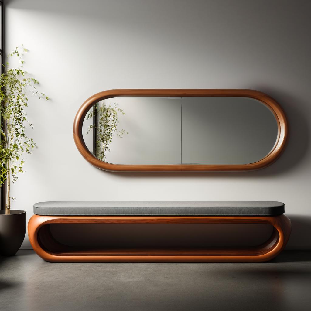 May include: A modern, oval-shaped mirror with a wooden frame hangs above a matching bench. The bench has a curved, open design with a gray cushioned top. The furniture is a warm brown color, creating a cohesive and stylish look.