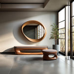 May include: A modern interior scene featuring a wooden bench with a brown cushion, a matching stool, and a unique oval-shaped wooden mirror. A potted plant and large window with a view of trees complete the decor.