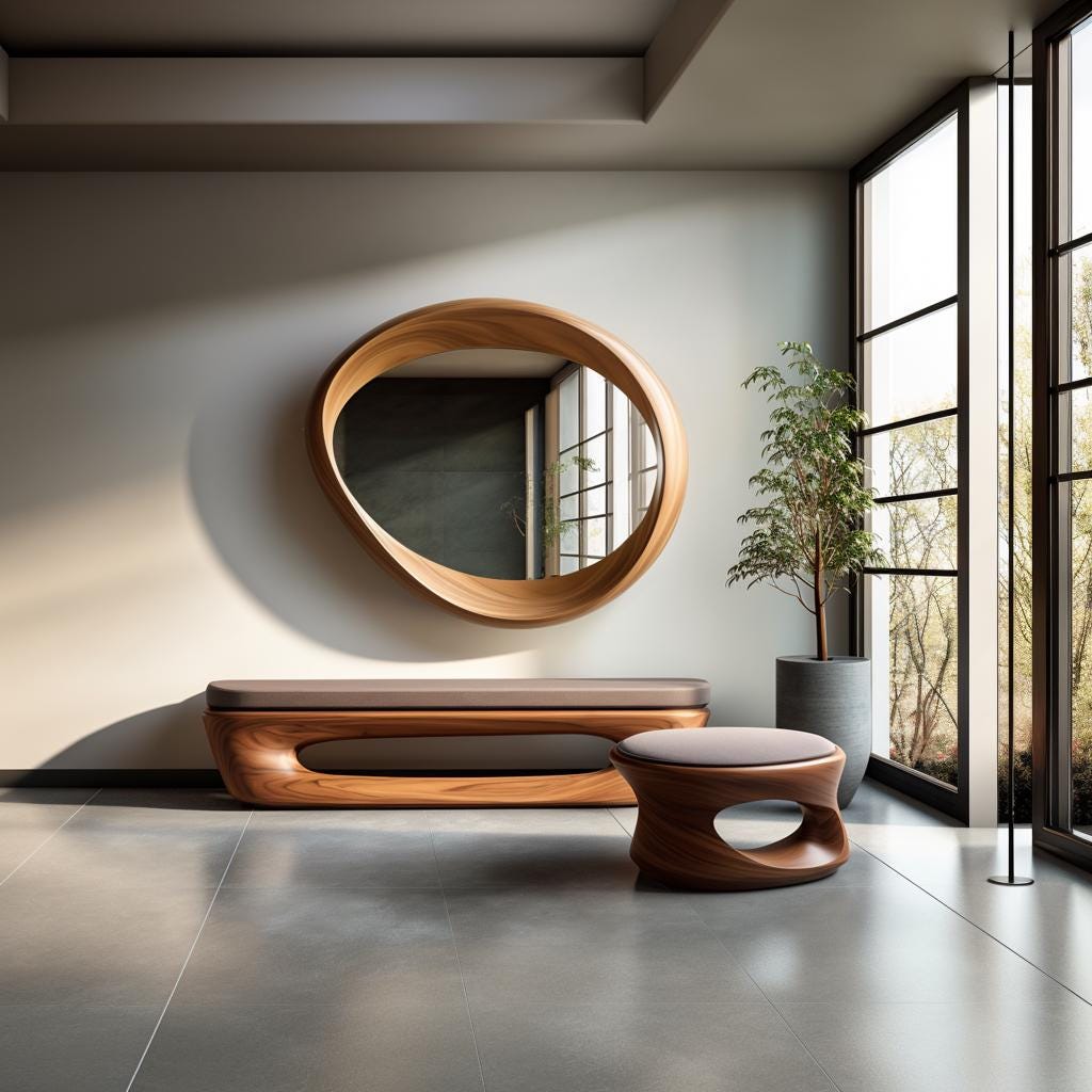 May include: A modern interior scene featuring a wooden bench with a brown cushion, a matching stool, and a unique oval-shaped wooden mirror. A potted plant and large window with a view of trees complete the decor.